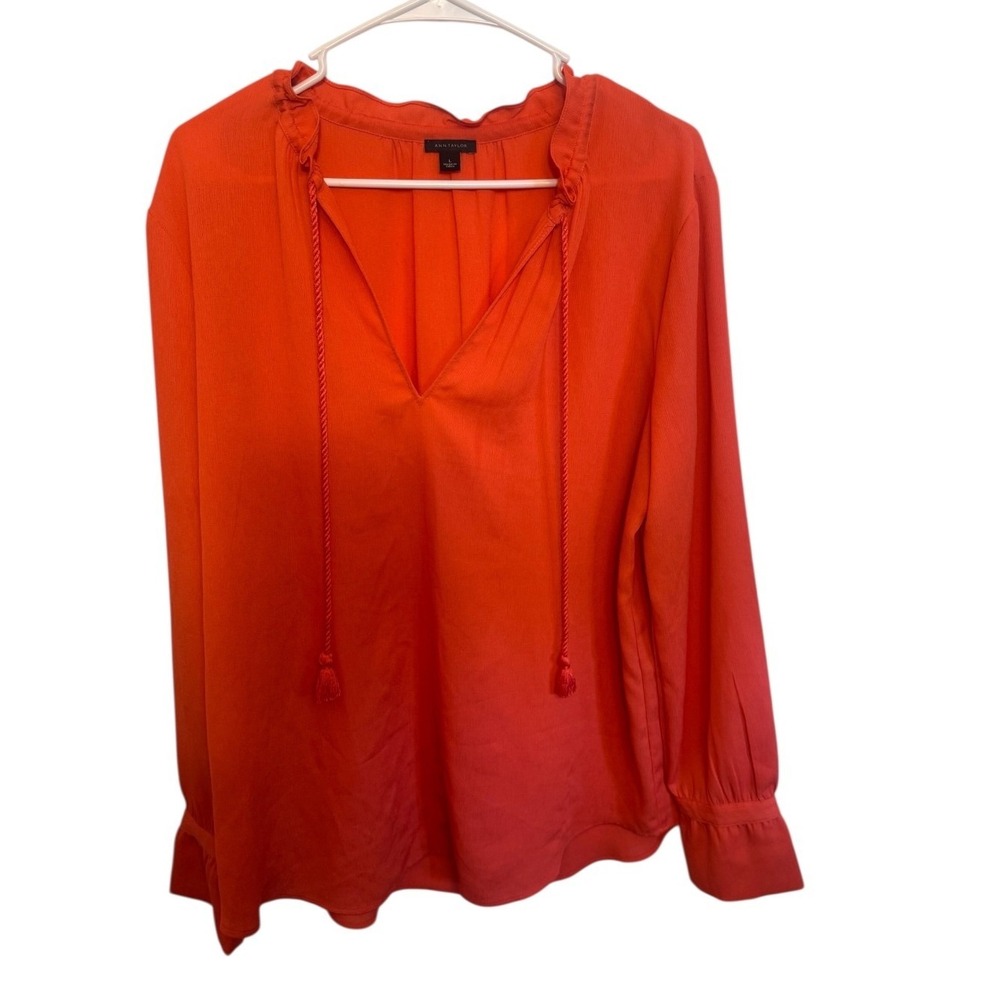 Ann Taylor Womens Orange Tassel Tie V-Neck Ruffle Blouse Long Sleeve Size L BOHO